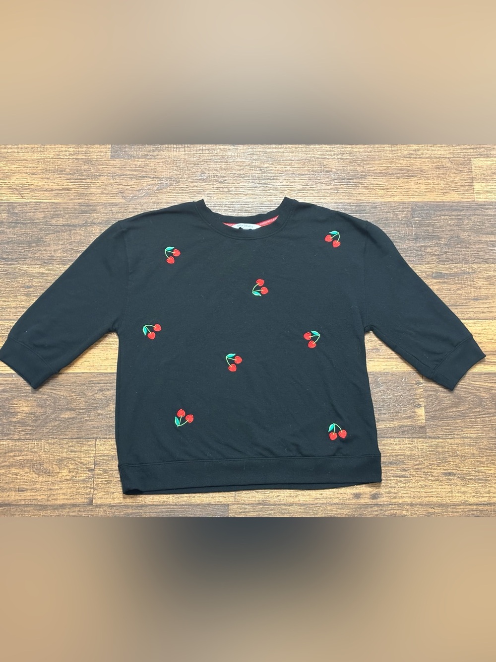 Black Crewneck Sweater with Cherry Embroidery